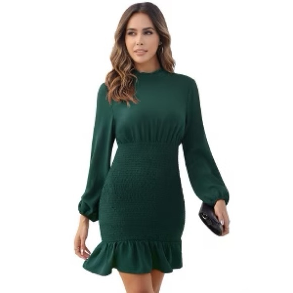 She + Sky Dresses & Skirts - By She & Shy Green Smocked Ruffle Mock Neck Long Sleeve Mini Dress – NWT Small